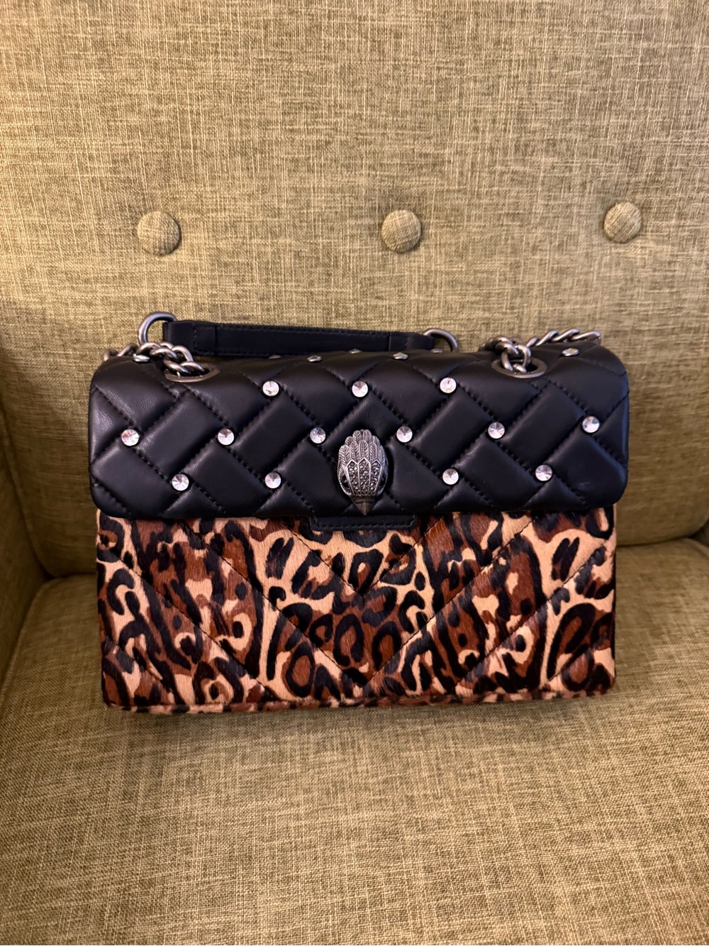Quilted Black and Leopard Print Shoulder Bag